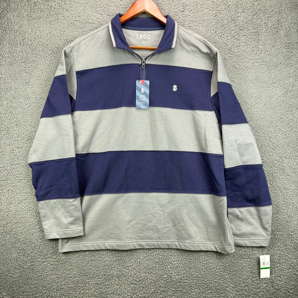IZOD Mens Quarter Zip Pullover Smoked Pearl Navy Blue Striped Large 45GK248030